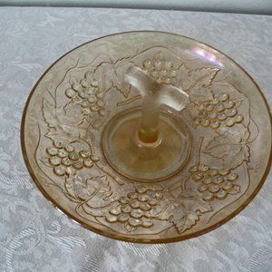 Depression Glass Plate with handle in center, vintage Grapes Motif.